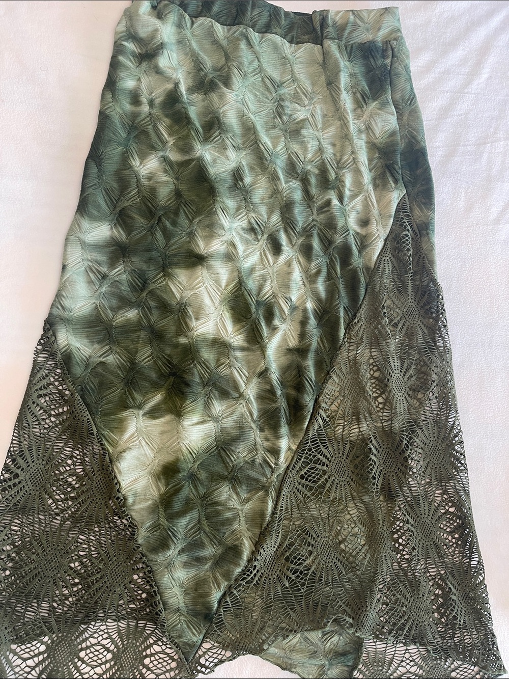 SHEIN Olive Green Tie-Dye Midi Skirt with Crochet Panels